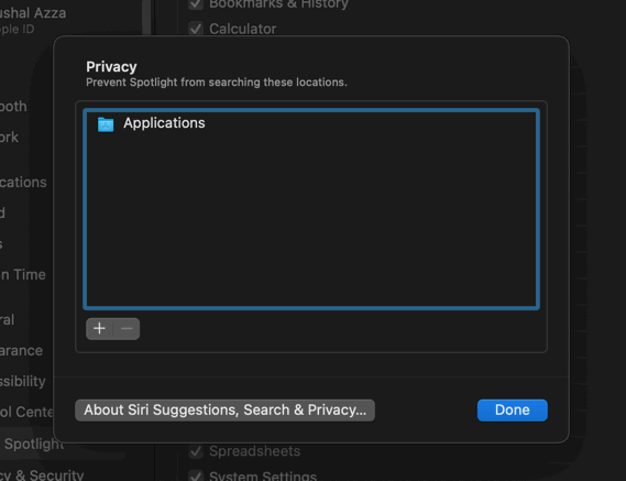 Adding Applications folder into Spotlight Privacy window