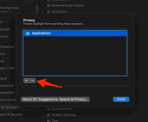 Remove Applications Folder from the Spotlight Privacy window