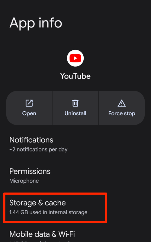 Storage and Cache menu on App info page on Android Phone