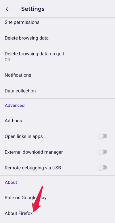 About Firefox menu under Firefox Settings