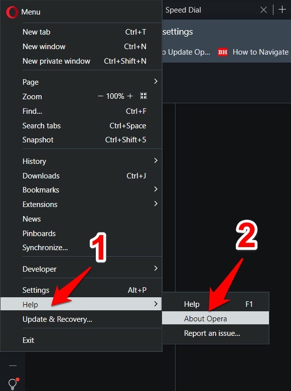 About Opera menu under Opera Help option