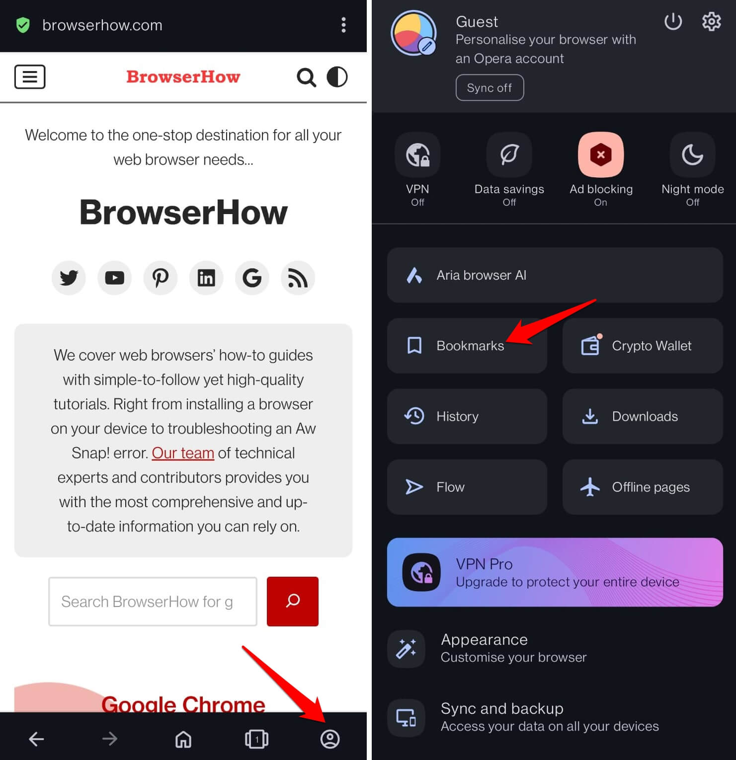Access bookmarks in Opera Android