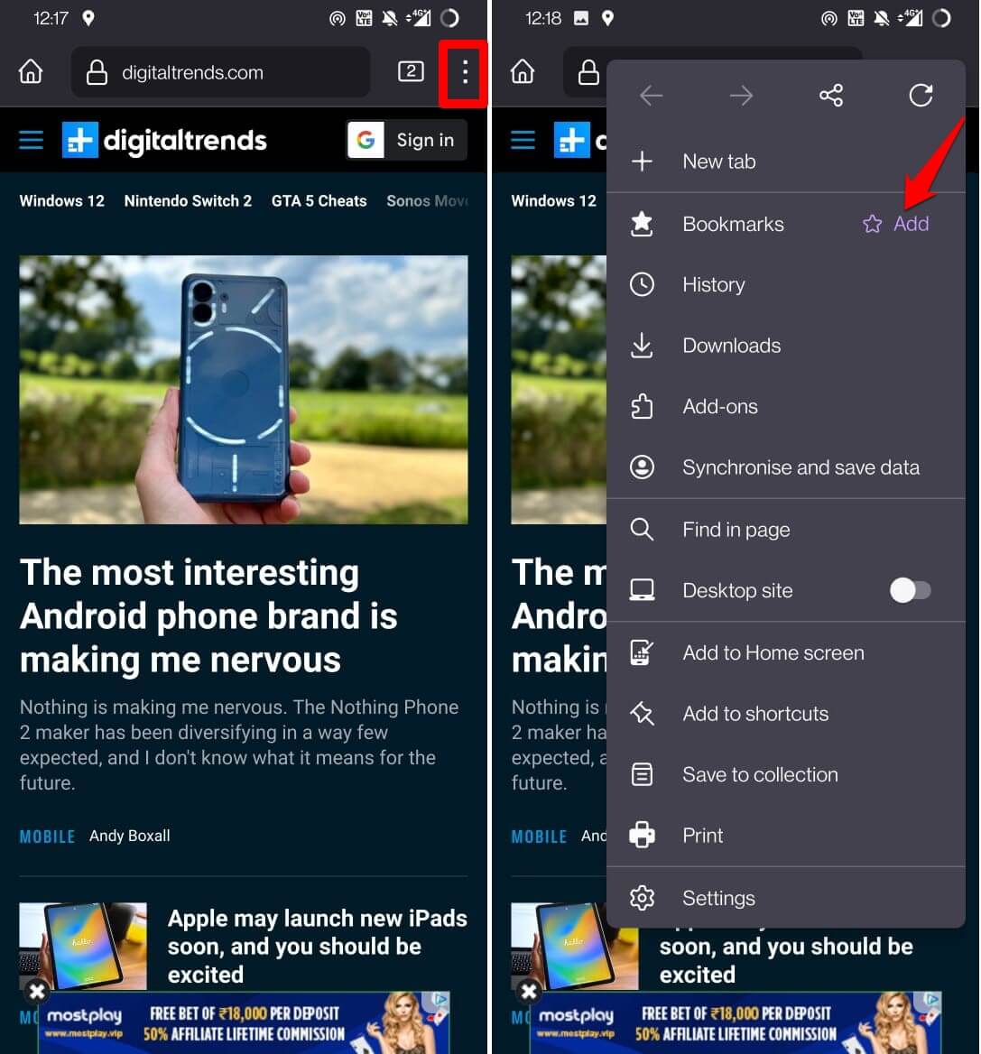 add a bookmark in Firefox android