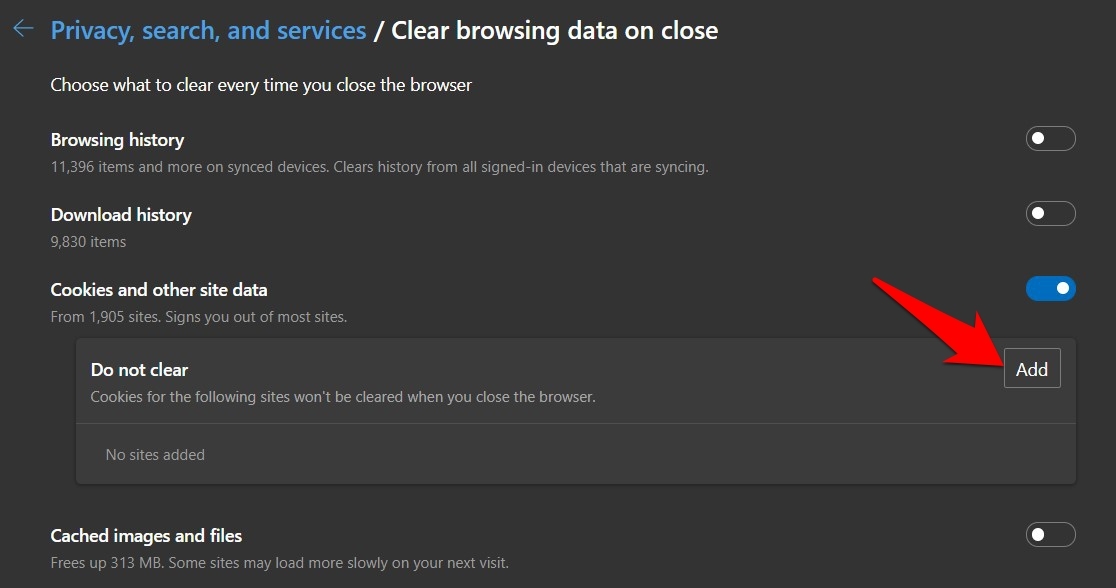 Add Do Not Clear Site Cookies and Data URL in Edge Browser Settings