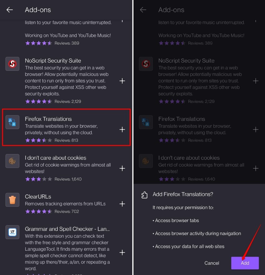add firefox translations addon