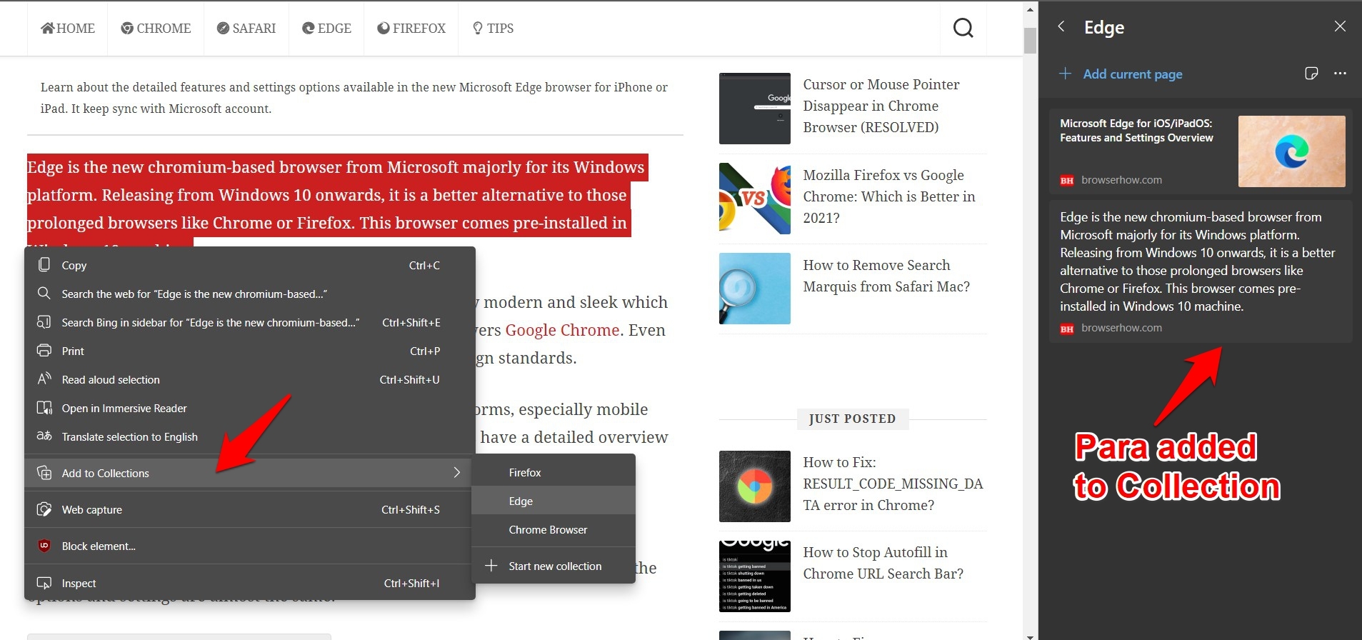 Add Part of Page Text to Edge Collections