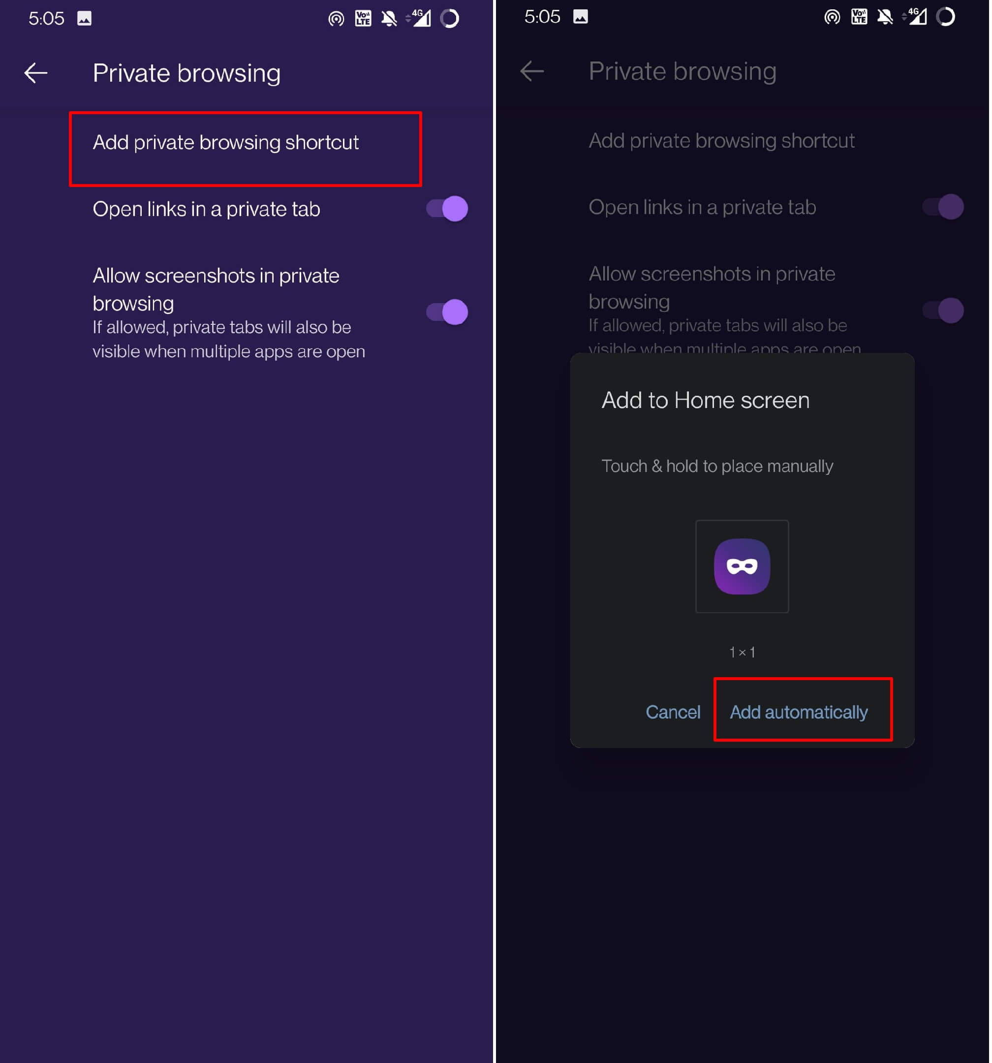 add private browsing icon to home screen