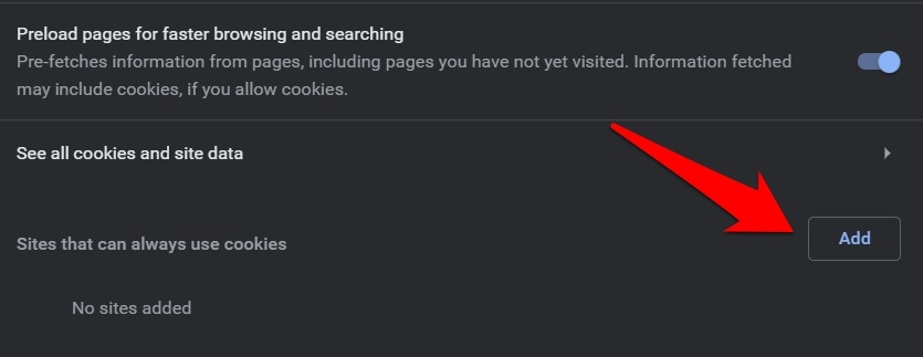 Add Site to Allow Cookies and Site Data setting