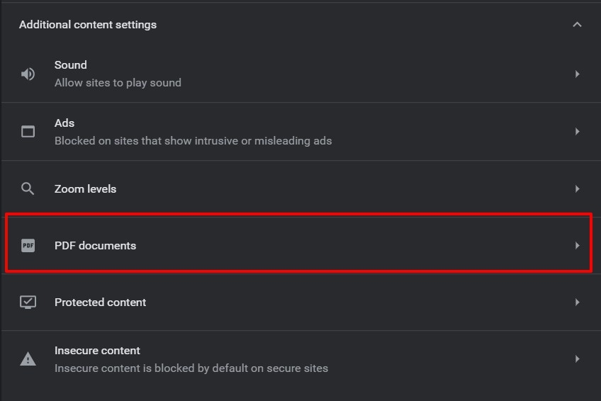 Additional content settings PDF documents tab