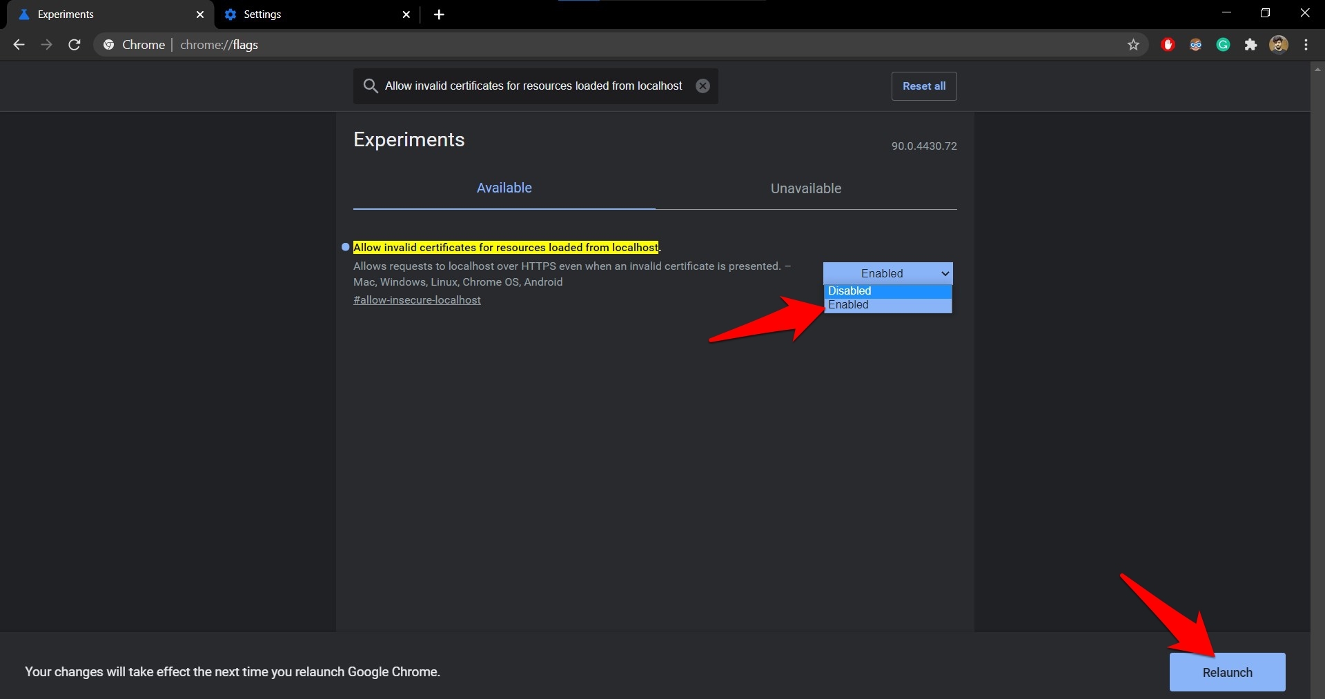 Allow invalid certificates for the resource loaded from localhost chrome flag