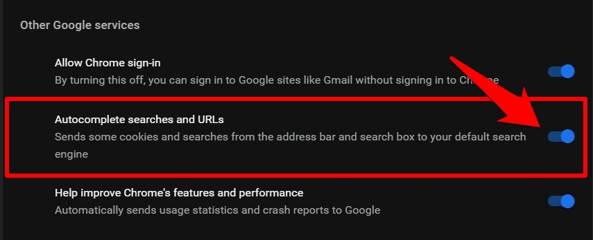Autocomplete Search and URLs option in Chrome