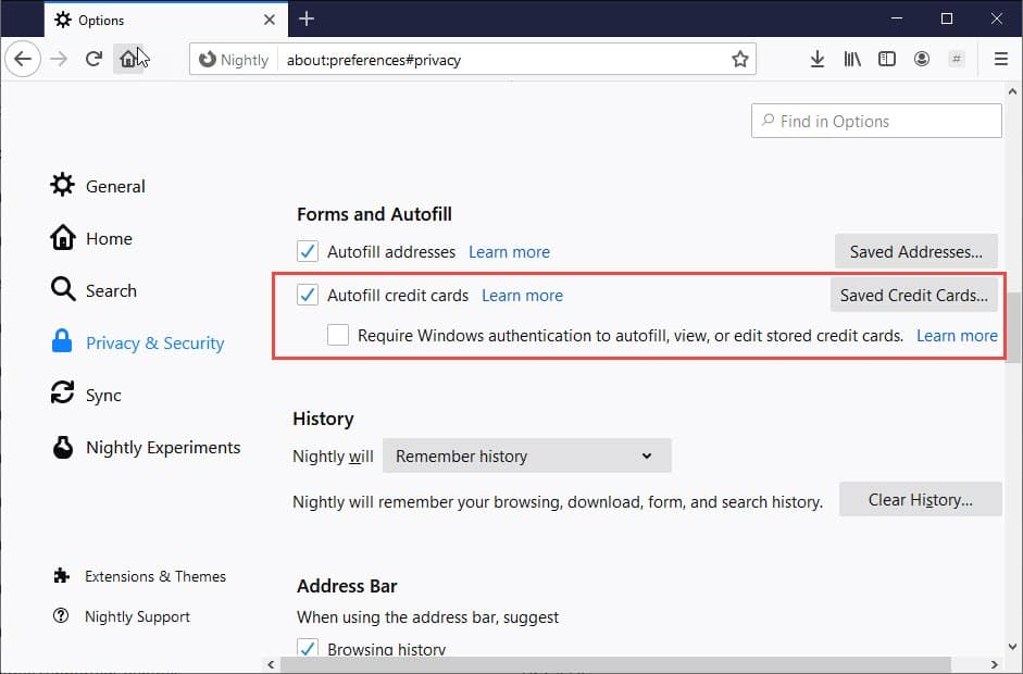 edit or remove payment method and cards in Firefox
