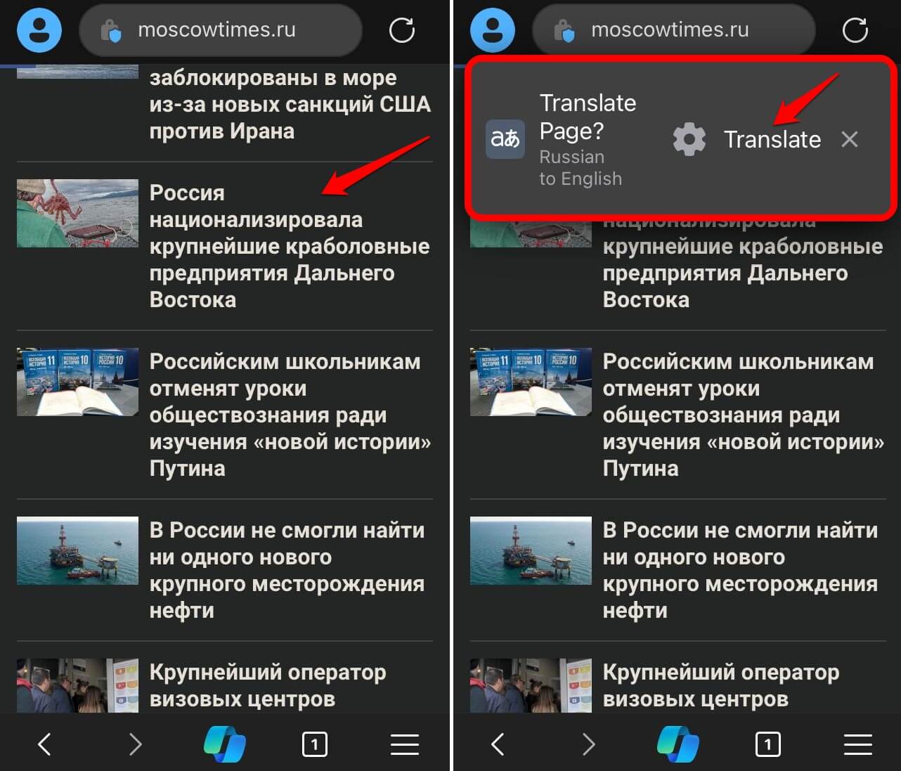 automatically-translate a page on Edge browser in iPhone