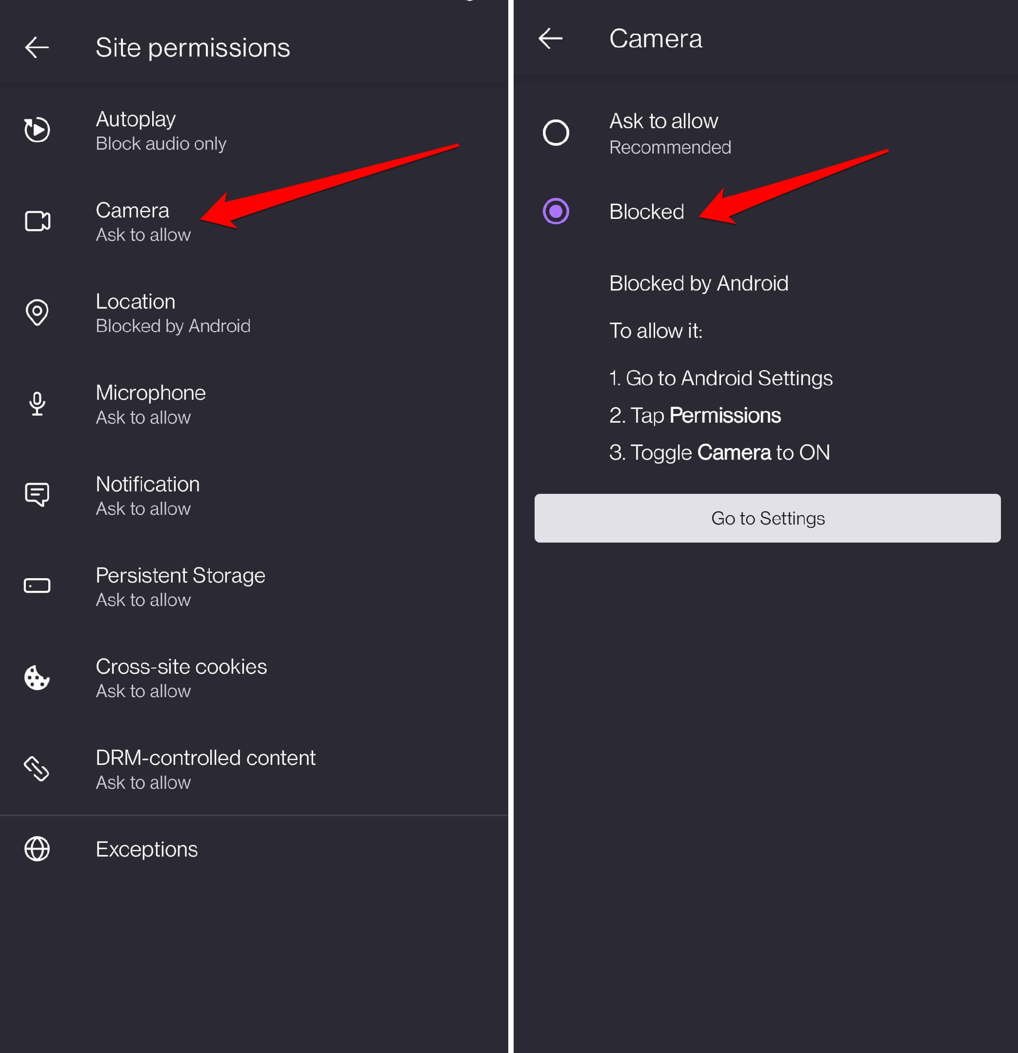 block camera access from Firefox settings