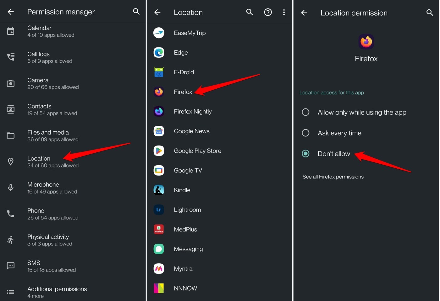 block geolocation permission for Firefox in Android settings