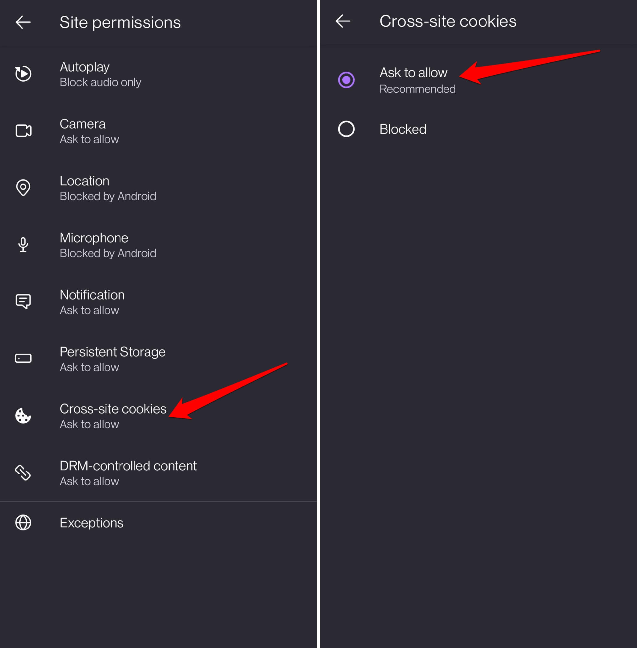 block or allow cookies on Firefox Android