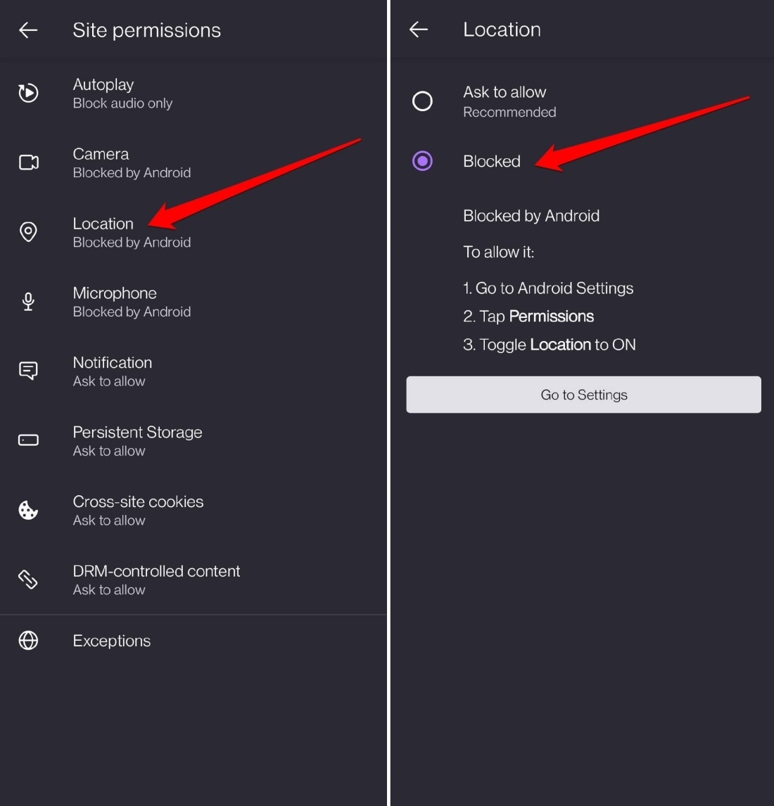block or allow geolocation permission on Firefox Android