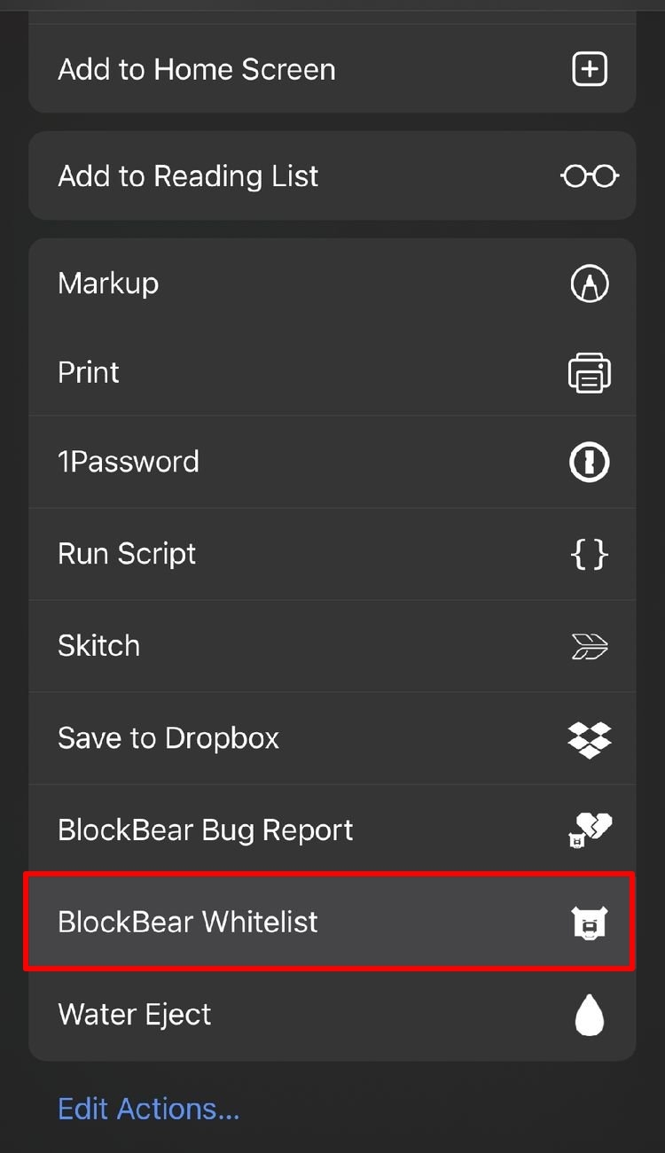 BlockBear Safari Extension options in iPhone