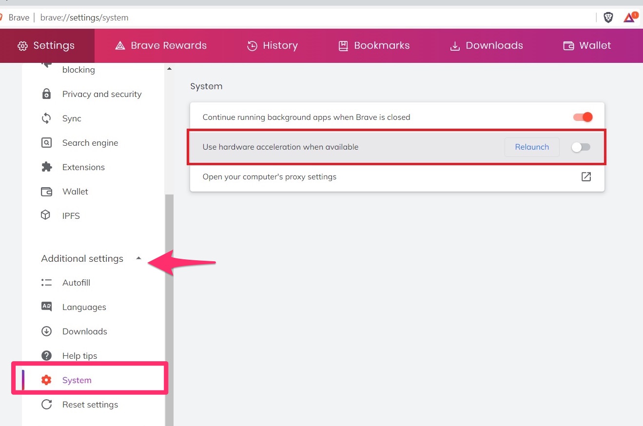 Brave Use Hardware Acceleration when available toggle button