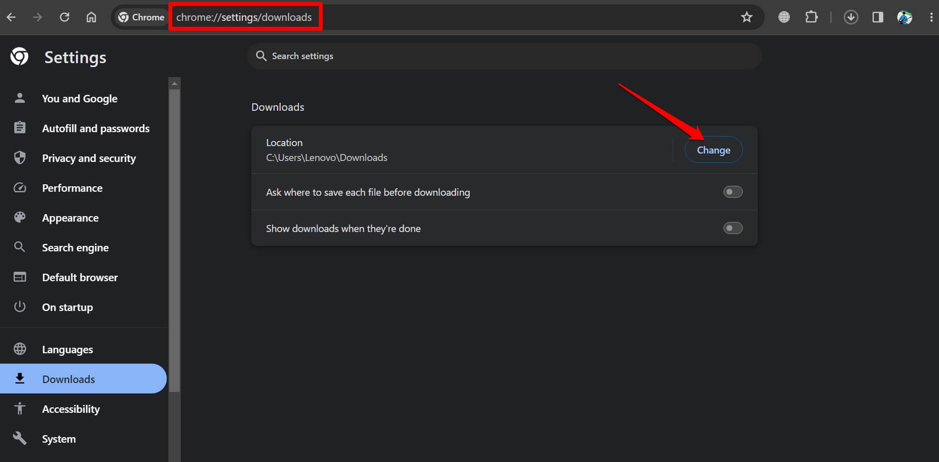 Change Download Folder Location in Chrome browser