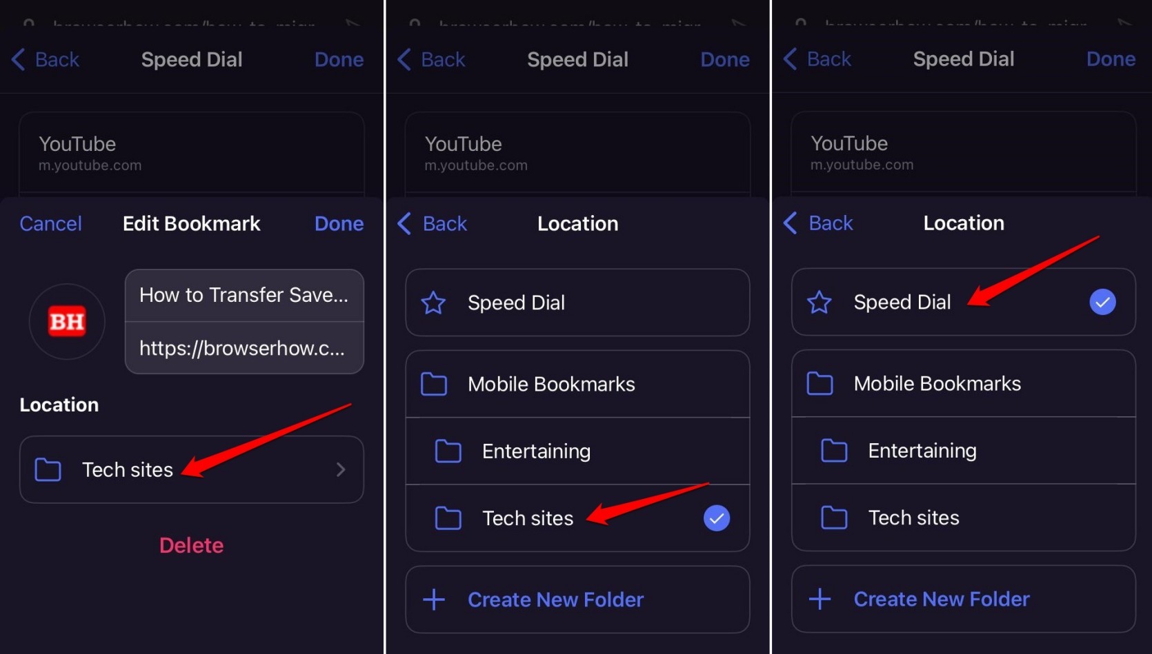 change the bookmark location to a different folder in Opera iOS