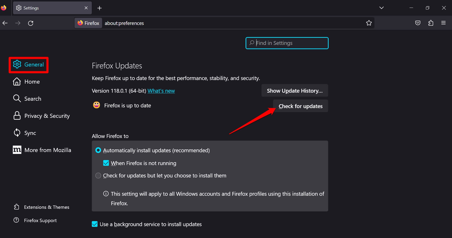 Check for Updates in Firefox browser