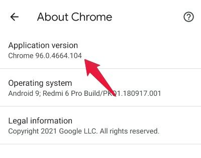 Chrome Android Browser Version in About page