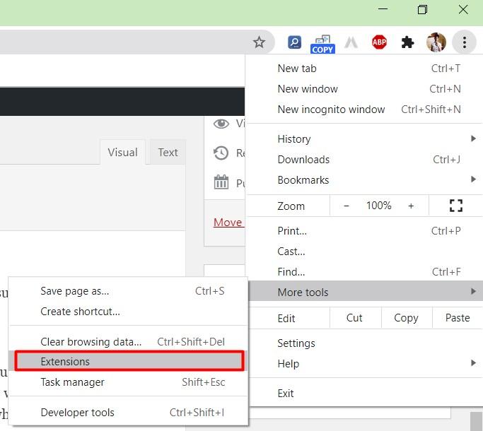 Chrome Browser Extensions Tab under More Tools
