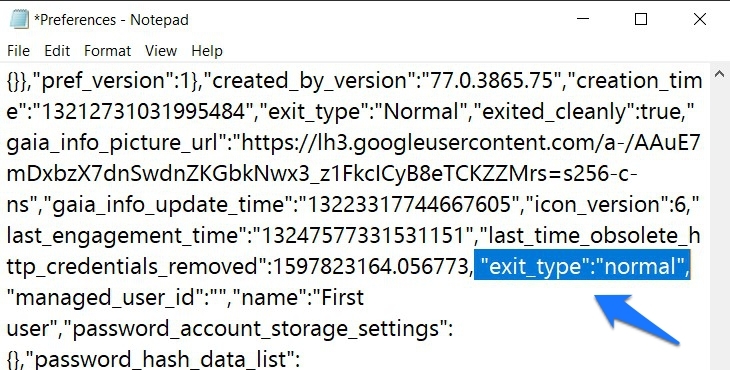 Chrome Preference exit_type crashed