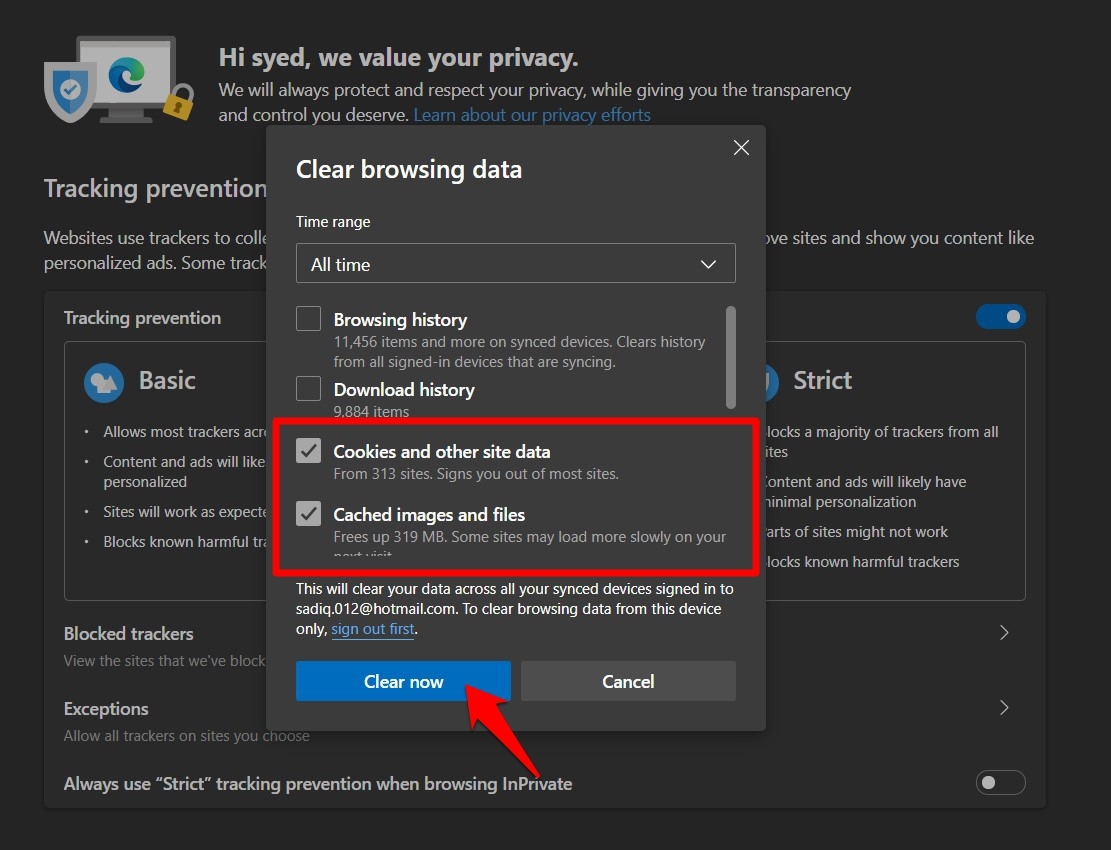Clear Cookies and Cache Images files from Edge Browser
