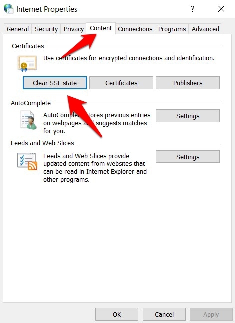Clear SSL State under Internet Options in Windows 10