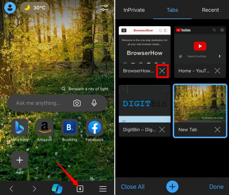 close a browser tab in Edge browser iPhone