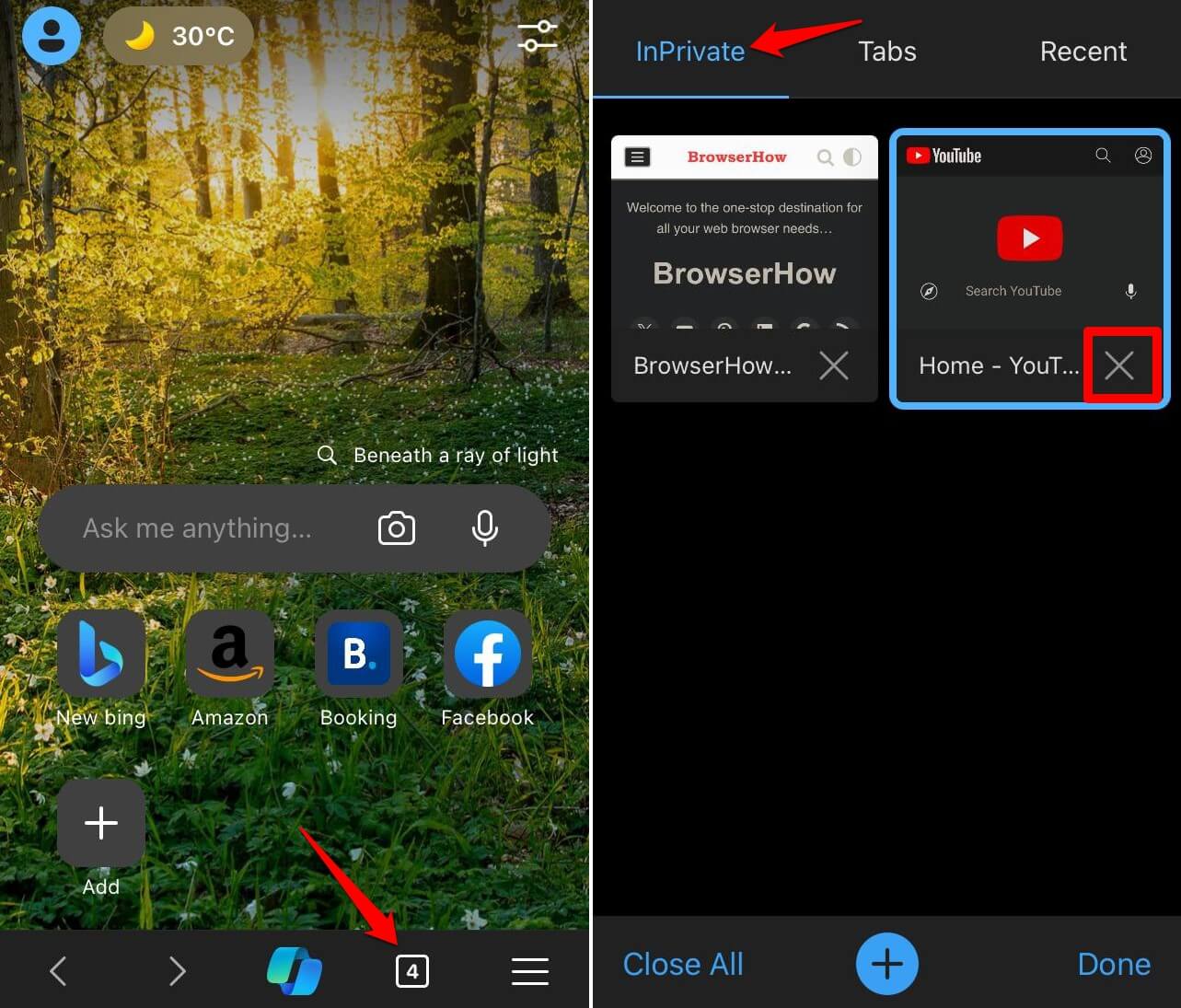 close a browser tab in InPrivate Mode in Edge for iOS