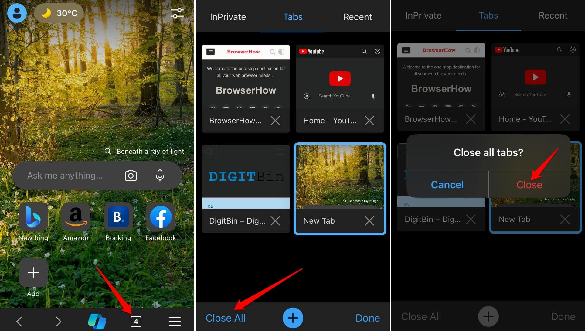 close all browser tabs in Edge browser on iPhone