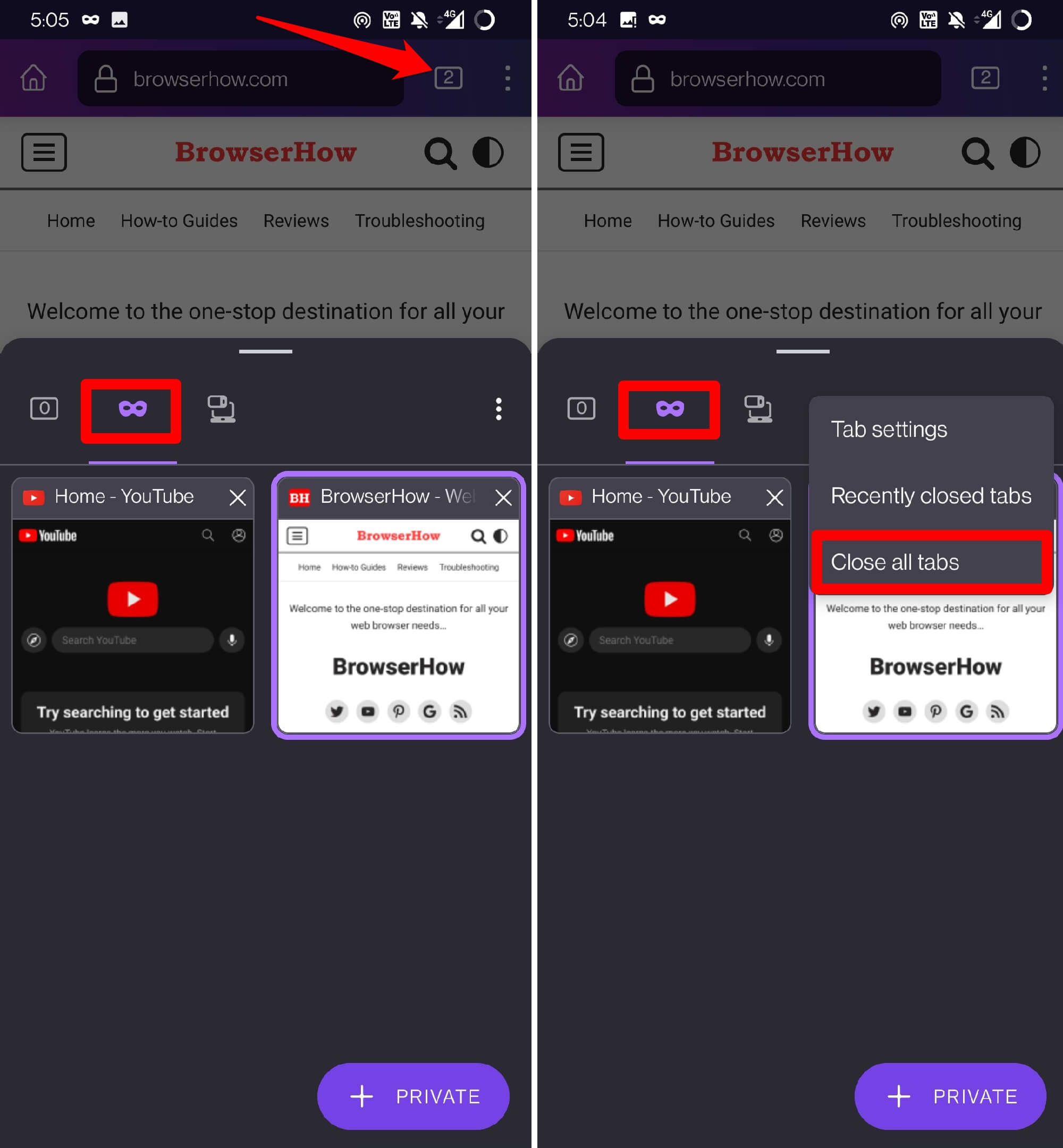 close all private browser tabs in Firefox android