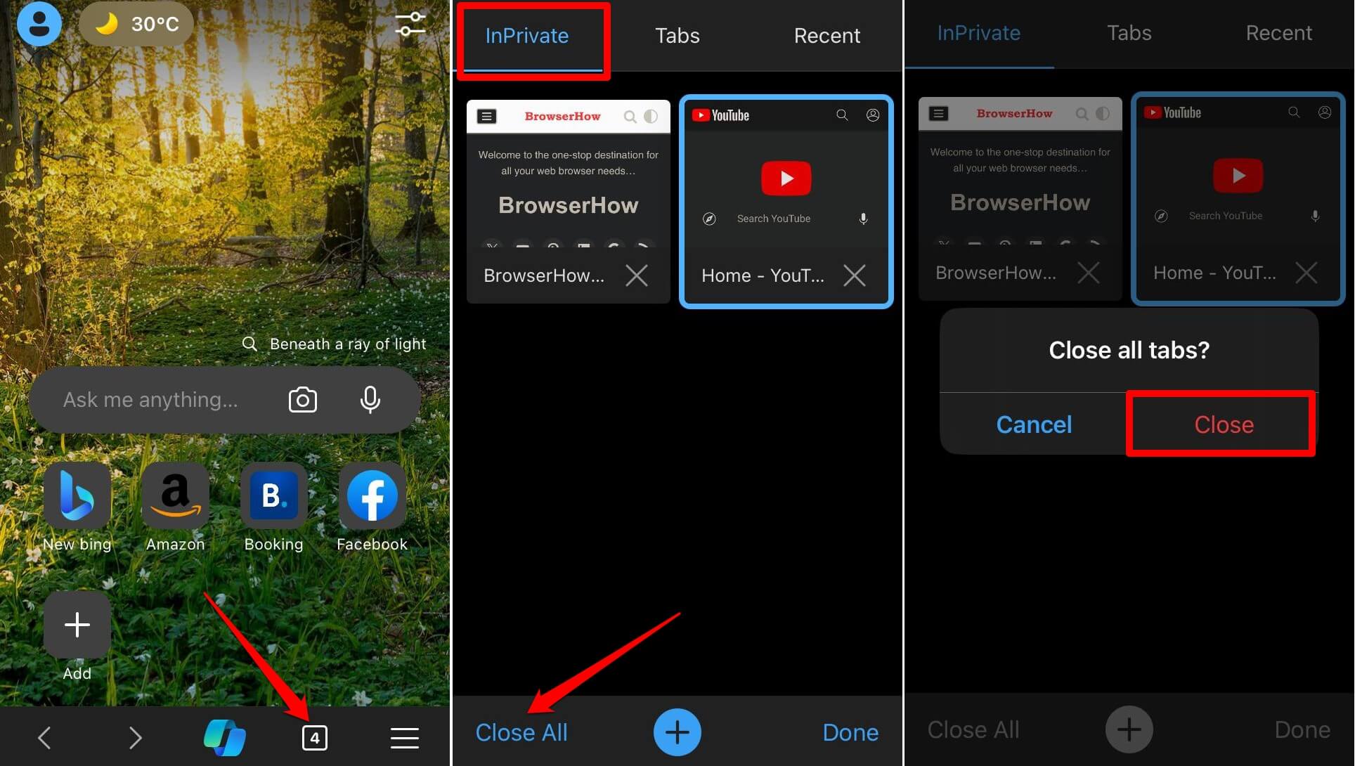 close all tabs in InPrivate mode in Edge browser for iPhone