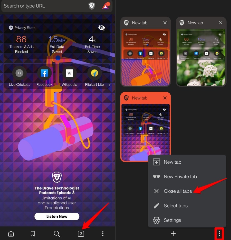 close all tabs on Brave browser android