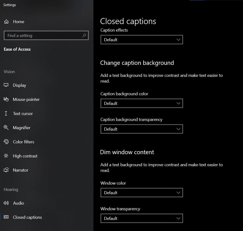 Closed Caption settings in Windows OS