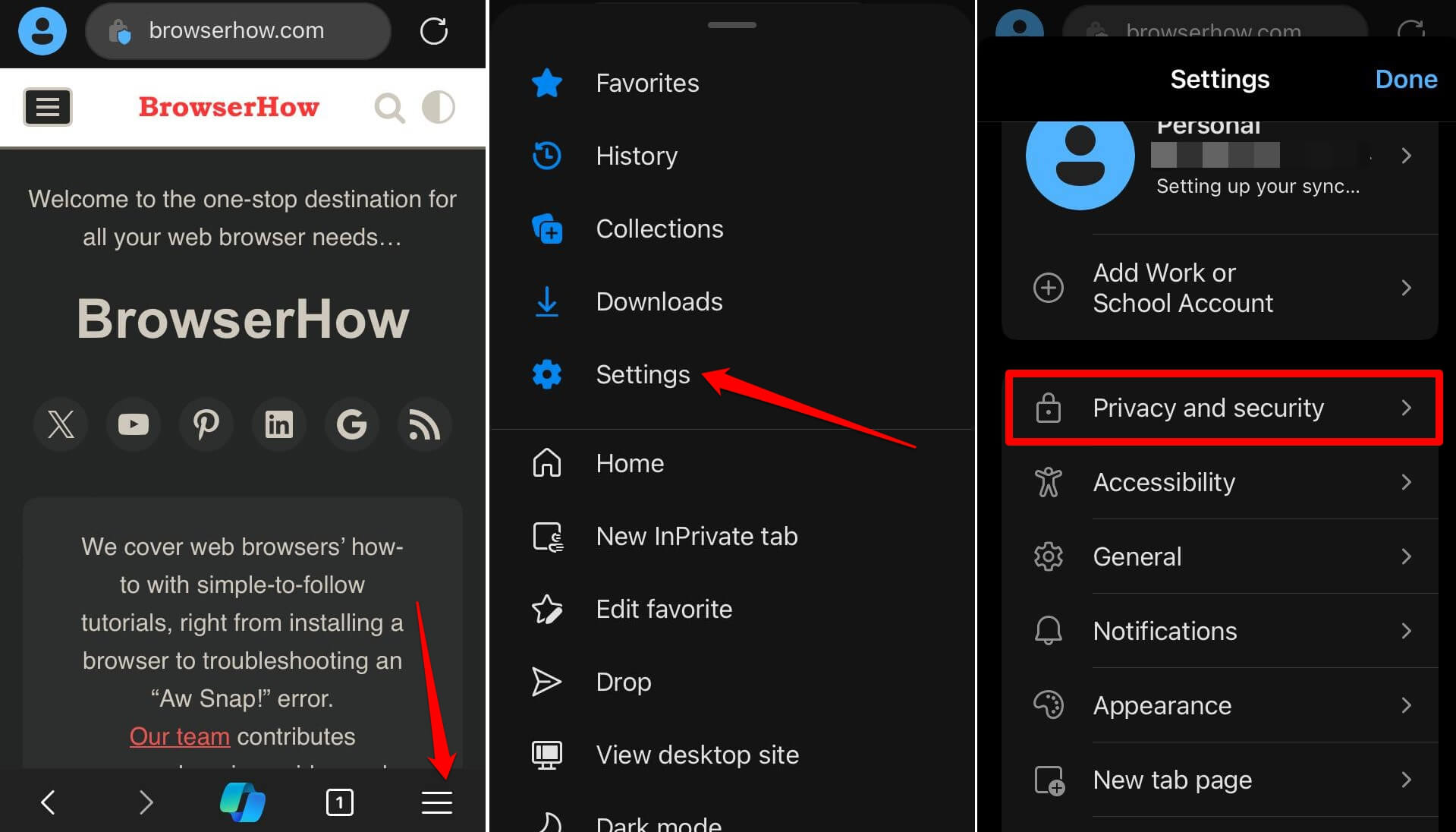 configure site settings on Edge browser iOS