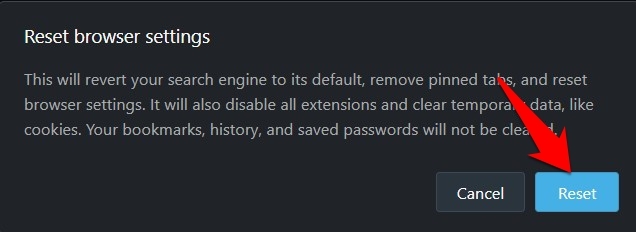 Confirm Reset Browser Settings command in Opera browser