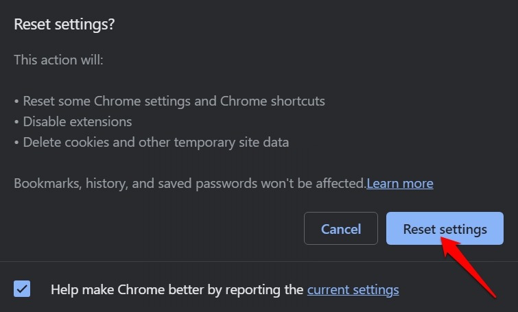 confirm resetting chrome settings