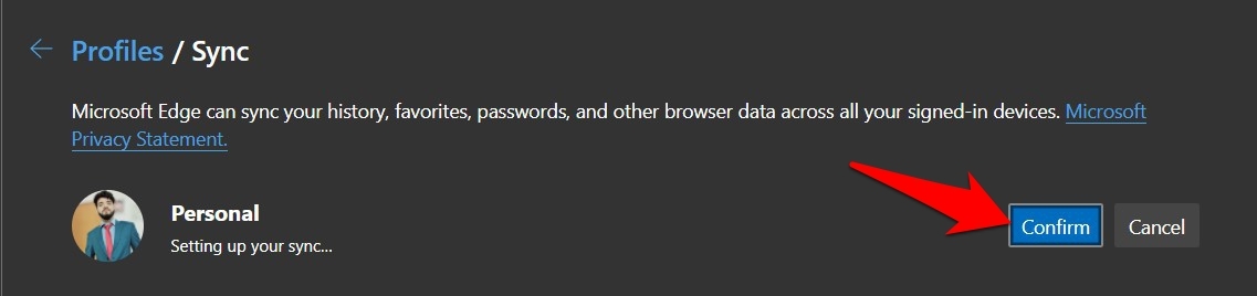 Confirm Sync Enable in Microsoft Edge