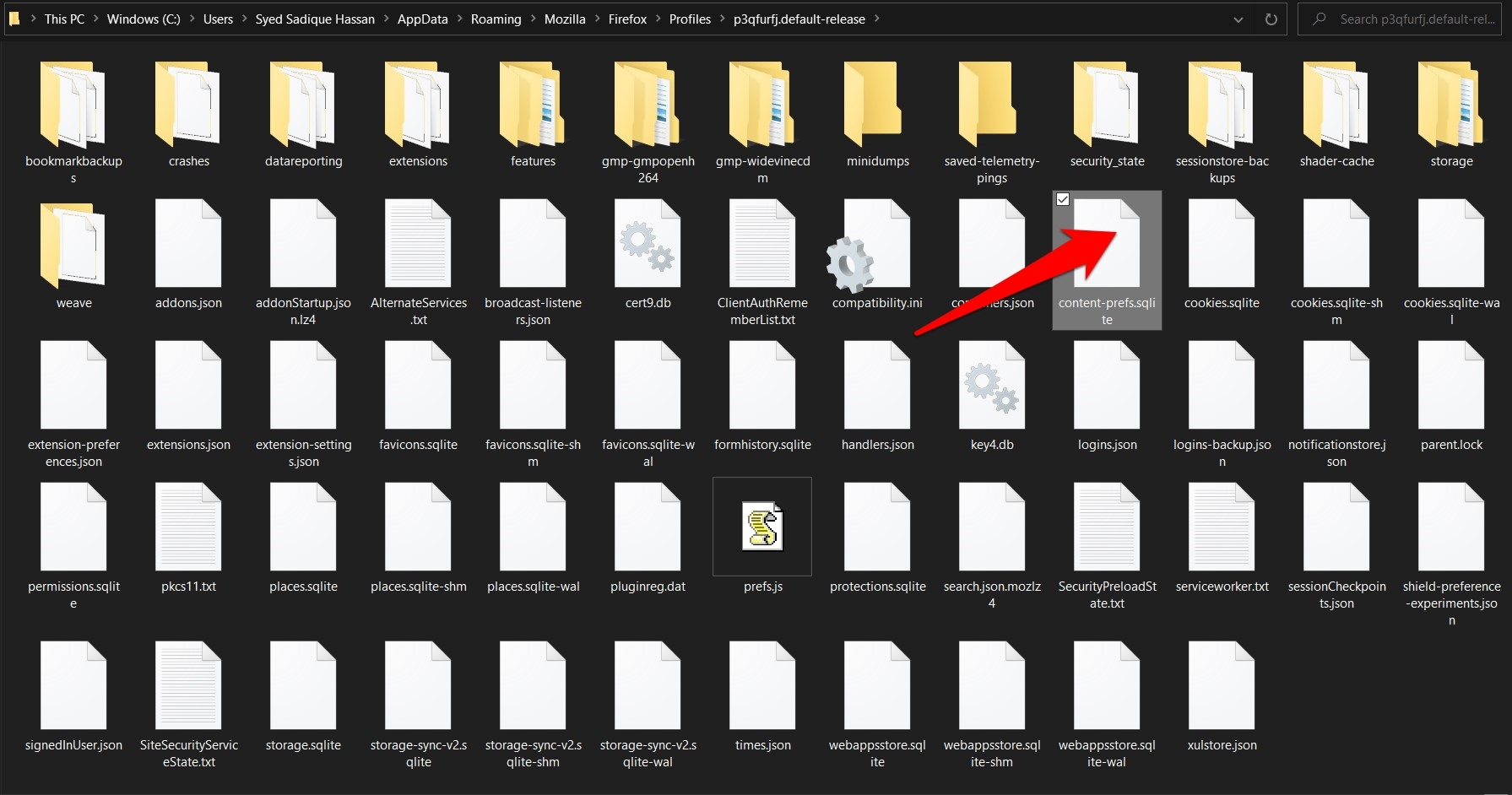 content-prefs.sqlite file in Firefox computer profile folder