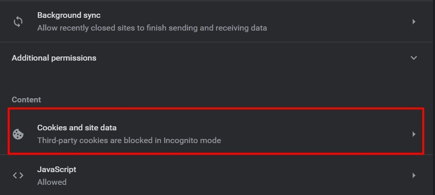 Cookies and Site Data menu in Chrome