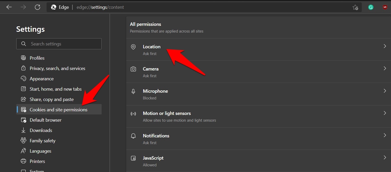 Cookies and Site Permission Location access in Edge browser