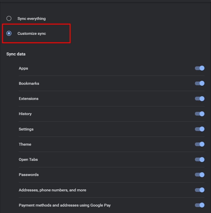 Customize Sync Options in Chrome Computer