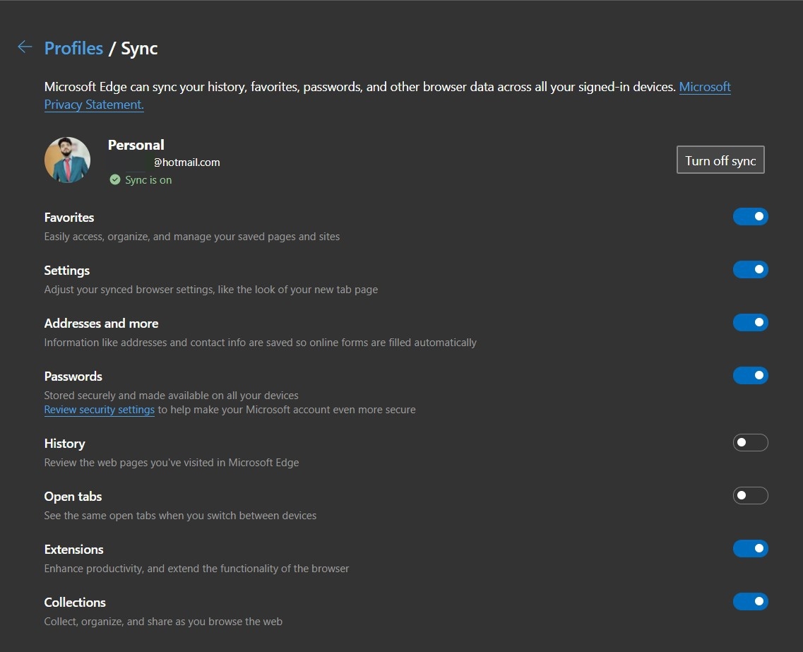 Data Sync Settings in Microsoft Edge Computer