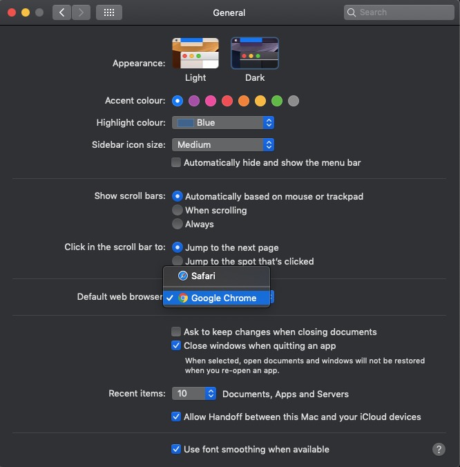 Default web browser general settings in mac