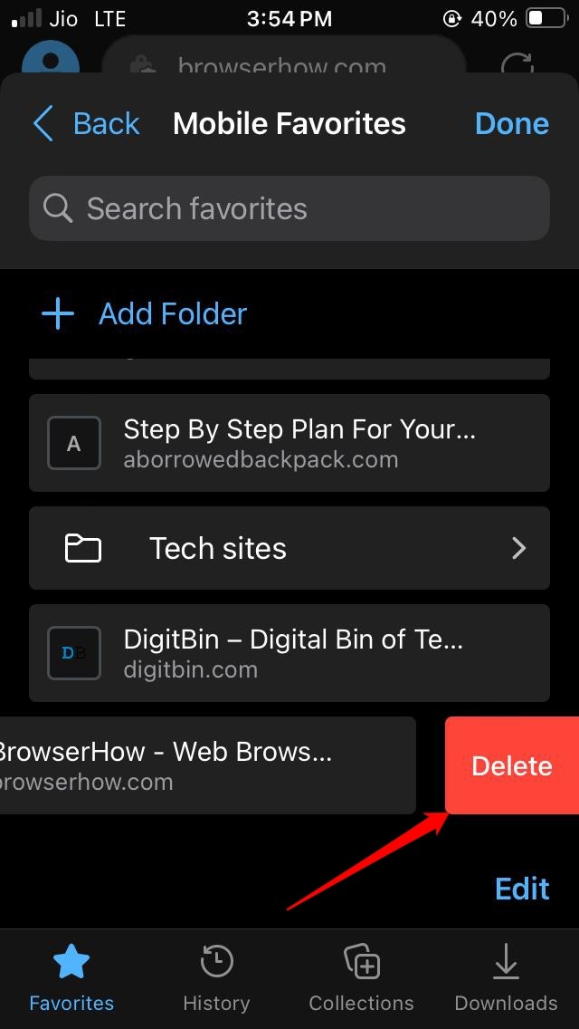 delete a bookmark in Edge browser iPhone