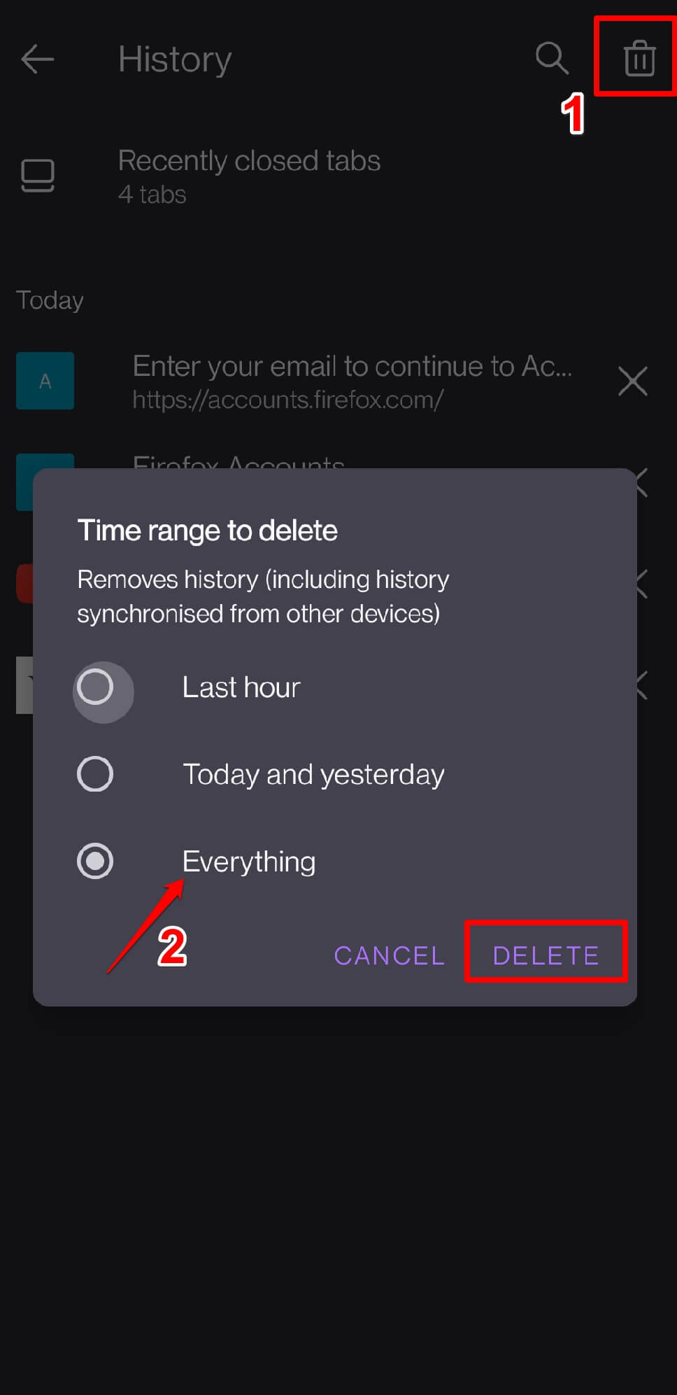 delete all recently opened tabs in Firefox